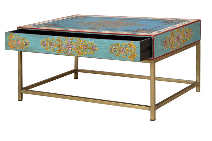 GINER Y COLOMER Mesa de café de madera de mango y patas de metal dorado y multicolor